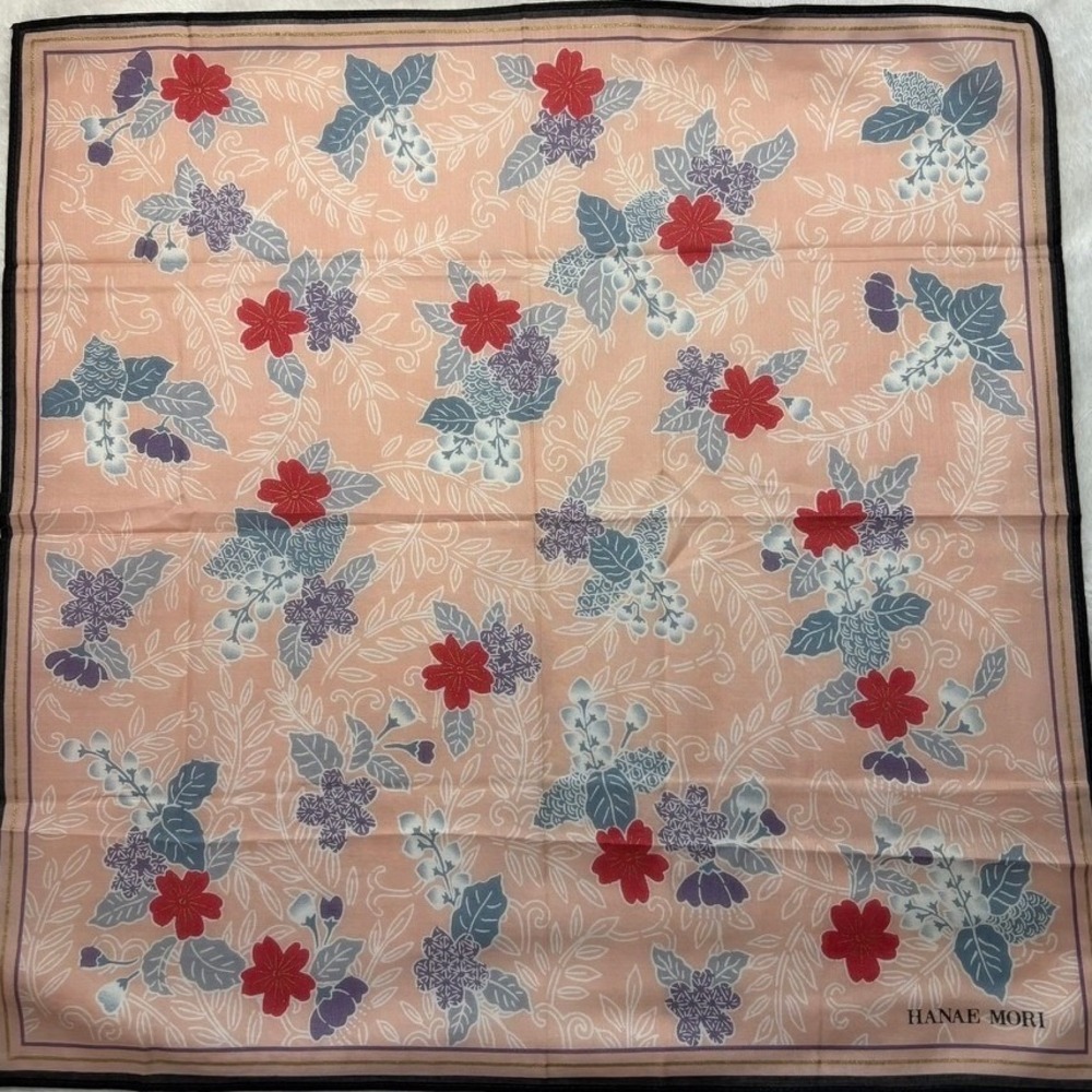 VTG HANAE MORI Scarf Handkerchief Floral Leaf Pink 16.5in